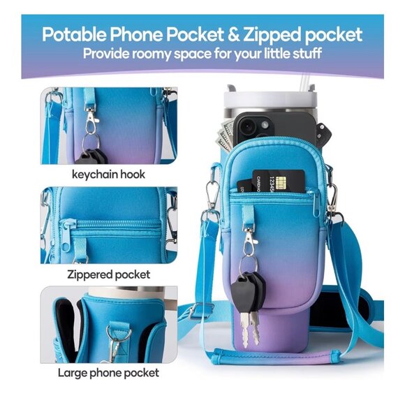Water Bottle Carrier w/ Phone Pocket Insulated Neoprene Holder Crossbody Strap - Picture 7 of 9